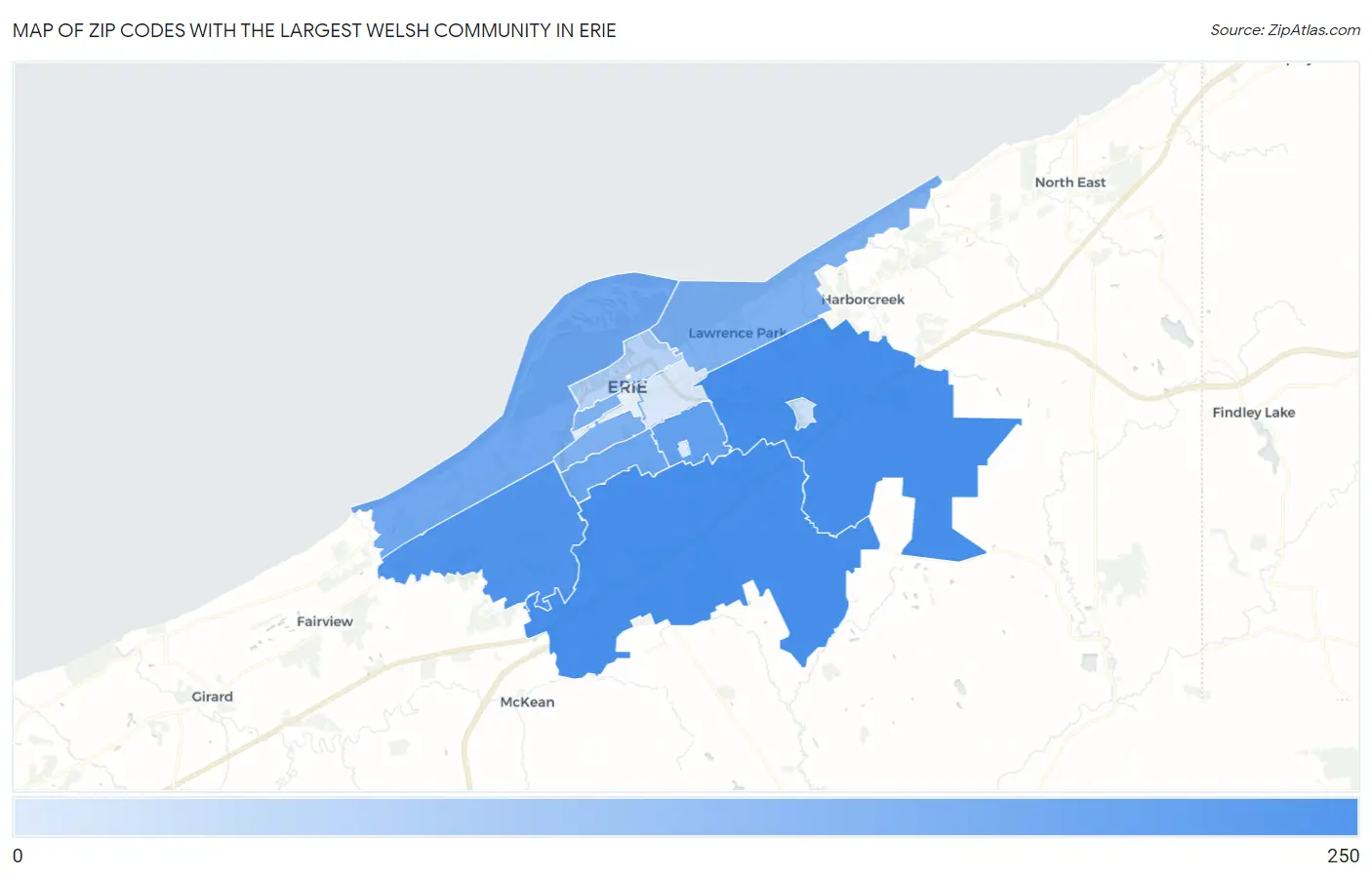 Zip Codes with the Largest Welsh Community in Erie Map