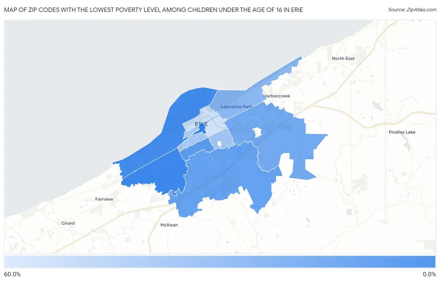 Zip Codes with the Lowest Poverty Level Among Children Under the Age of 16 in Erie Map