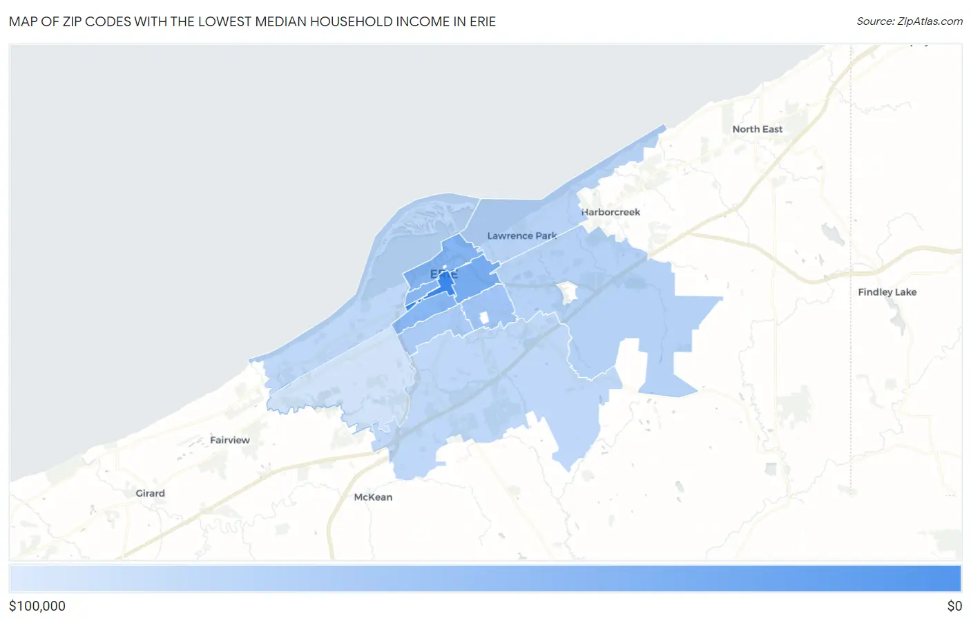 Zip Codes with the Lowest Median Household Income in Erie Map