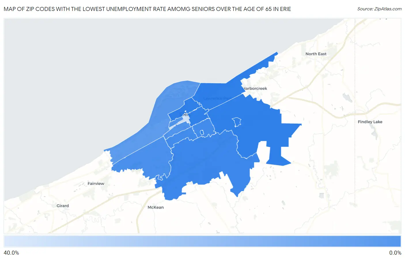 Zip Codes with the Lowest Unemployment Rate Amomg Seniors Over the Age of 65 in Erie Map
