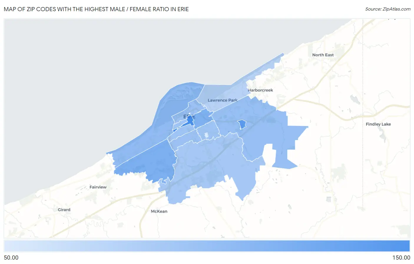Zip Codes with the Highest Male / Female Ratio in Erie Map
