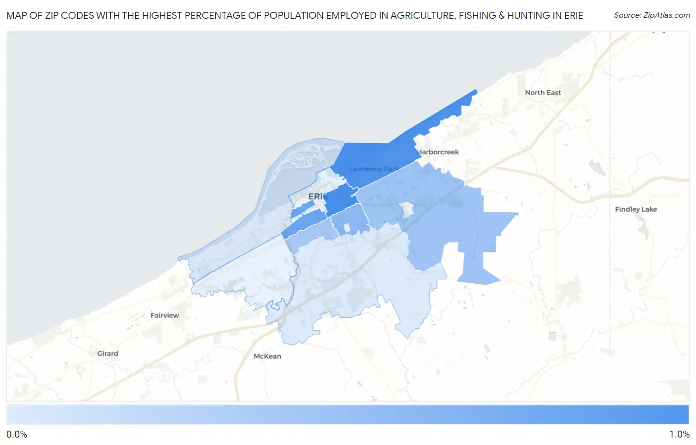 Zip Codes with the Highest Percentage of Population Employed in Agriculture, Fishing & Hunting in Erie Map