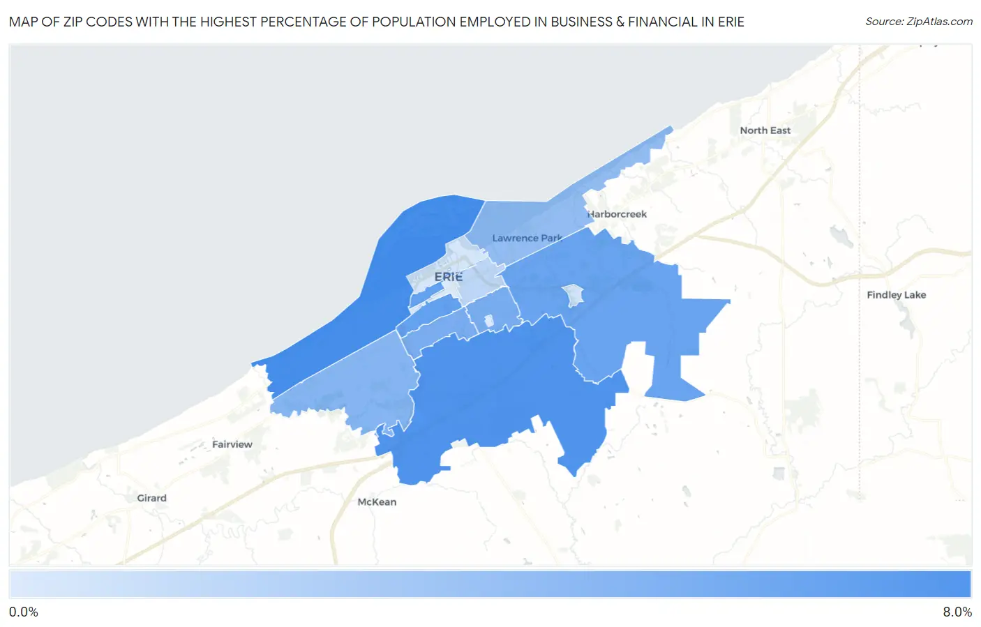 Zip Codes with the Highest Percentage of Population Employed in Business & Financial in Erie Map
