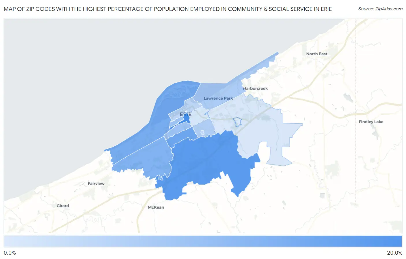Zip Codes with the Highest Percentage of Population Employed in Community & Social Service  in Erie Map