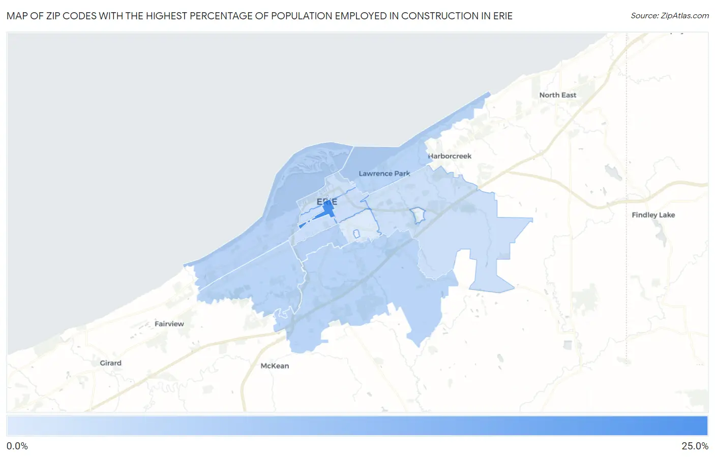 Zip Codes with the Highest Percentage of Population Employed in Construction in Erie Map