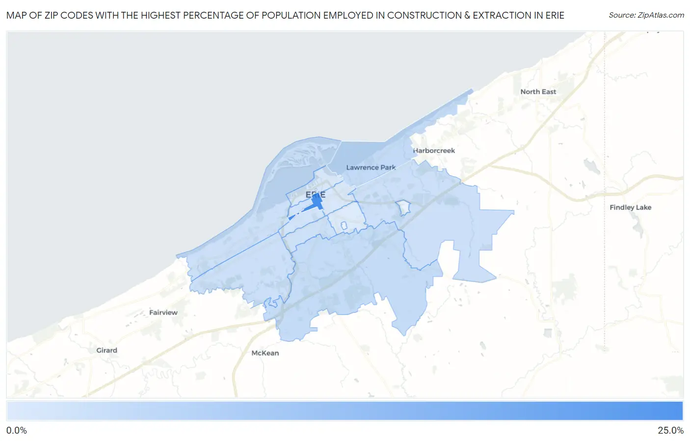 Zip Codes with the Highest Percentage of Population Employed in Construction & Extraction in Erie Map