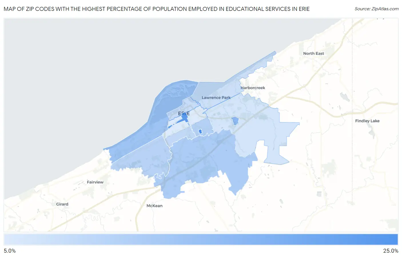 Zip Codes with the Highest Percentage of Population Employed in Educational Services in Erie Map
