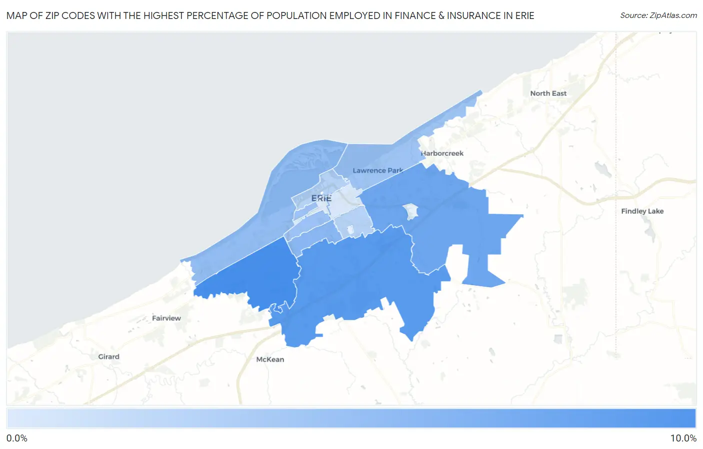 Zip Codes with the Highest Percentage of Population Employed in Finance & Insurance in Erie Map