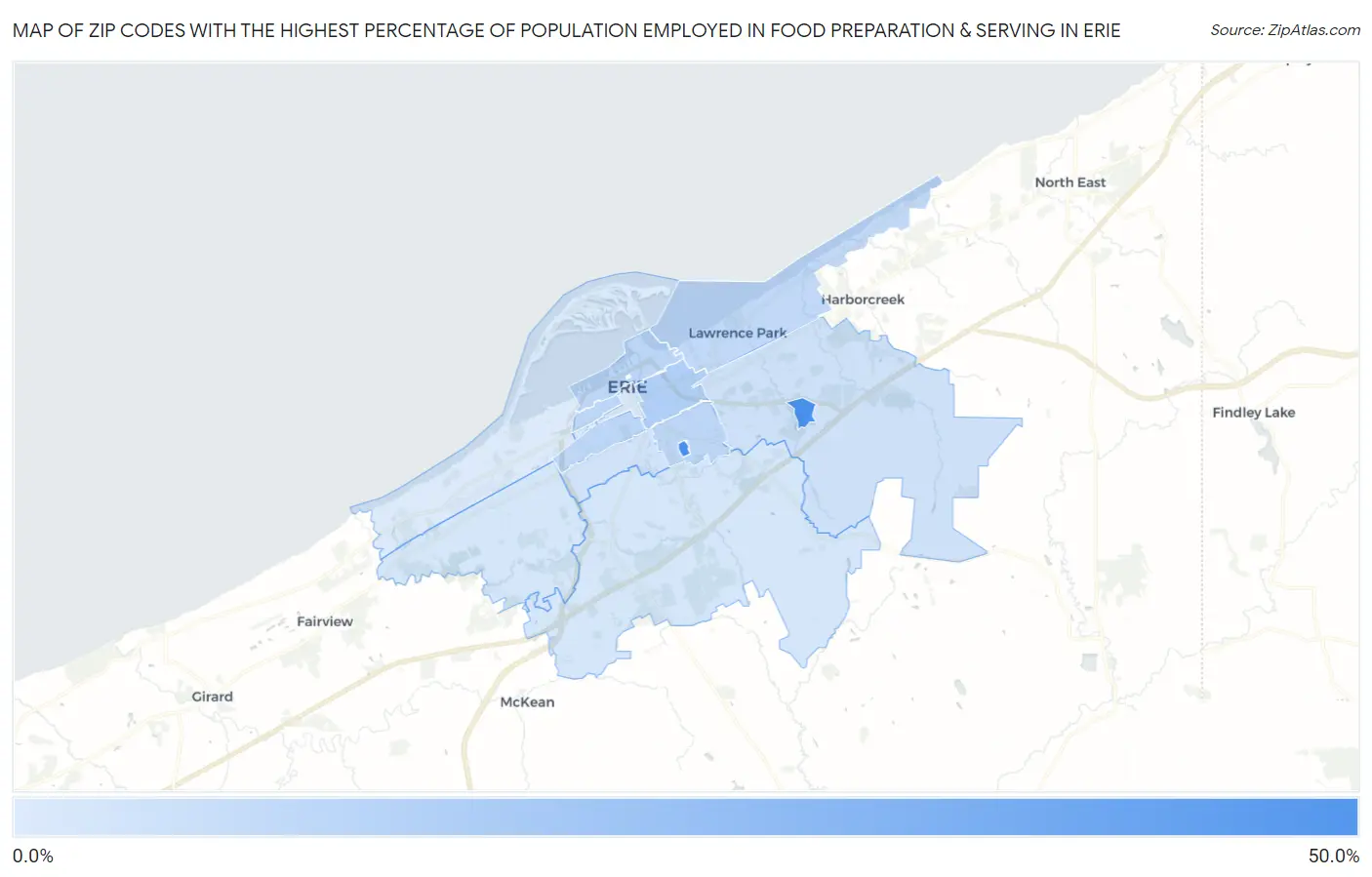 Zip Codes with the Highest Percentage of Population Employed in Food Preparation & Serving in Erie Map