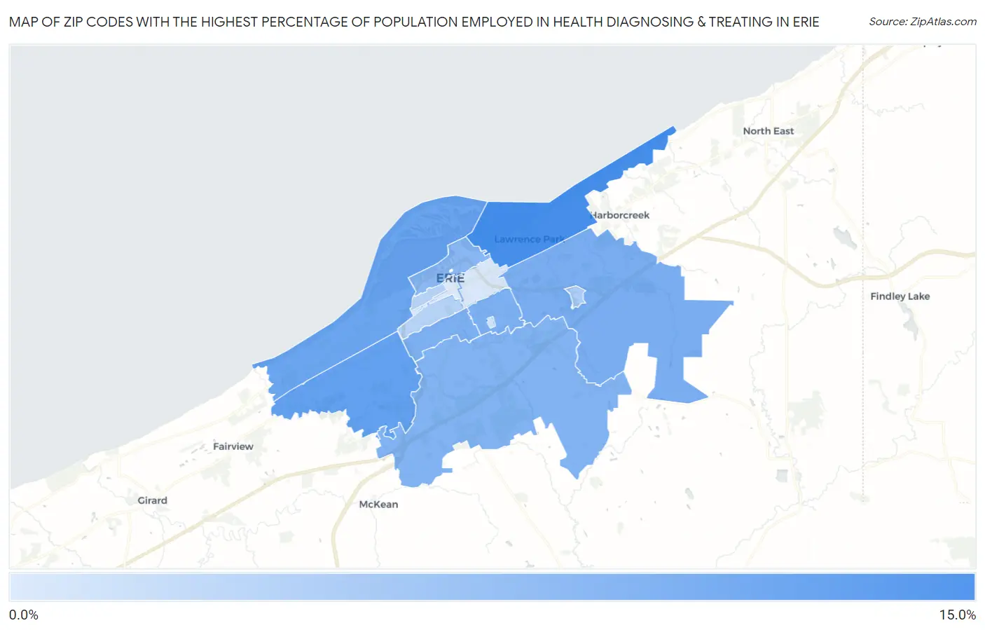Zip Codes with the Highest Percentage of Population Employed in Health Diagnosing & Treating in Erie Map