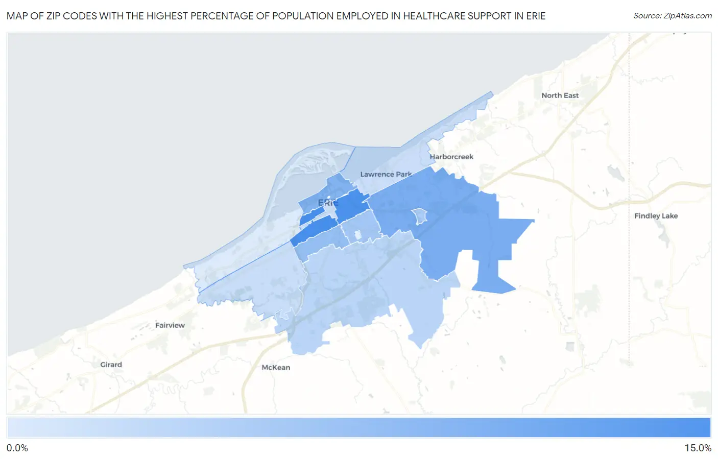 Zip Codes with the Highest Percentage of Population Employed in Healthcare Support in Erie Map