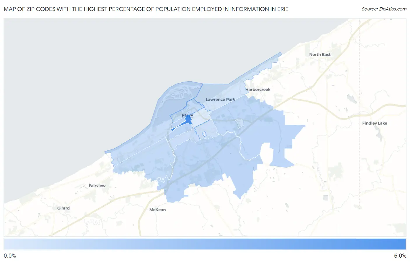 Zip Codes with the Highest Percentage of Population Employed in Information in Erie Map