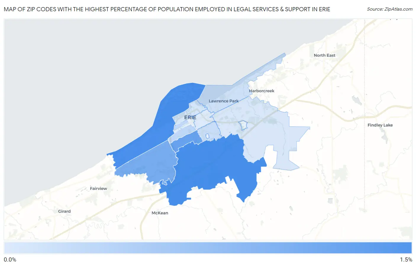 Zip Codes with the Highest Percentage of Population Employed in Legal Services & Support in Erie Map