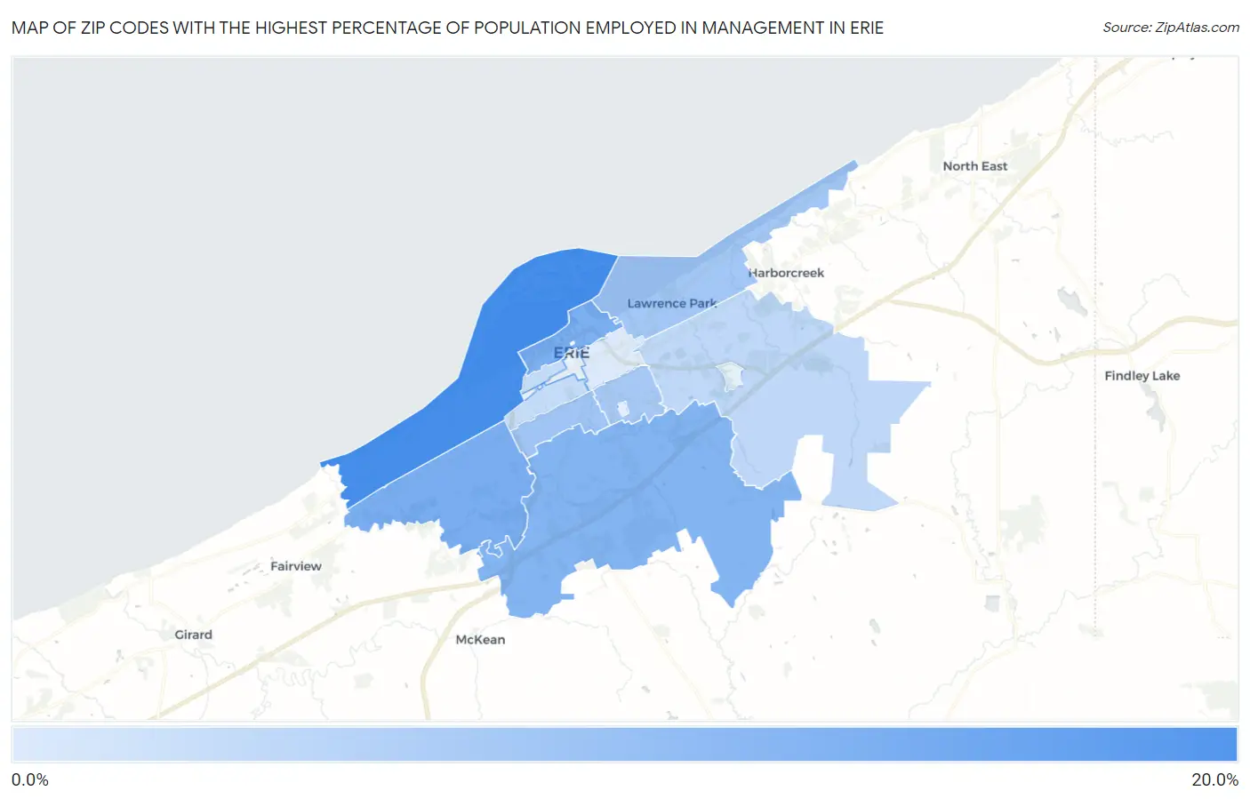 Zip Codes with the Highest Percentage of Population Employed in Management in Erie Map
