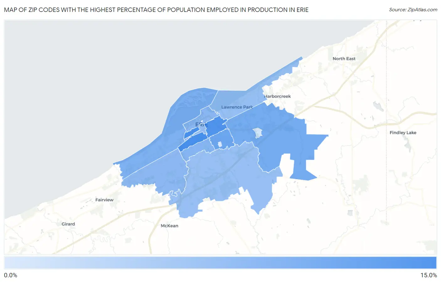 Zip Codes with the Highest Percentage of Population Employed in Production in Erie Map