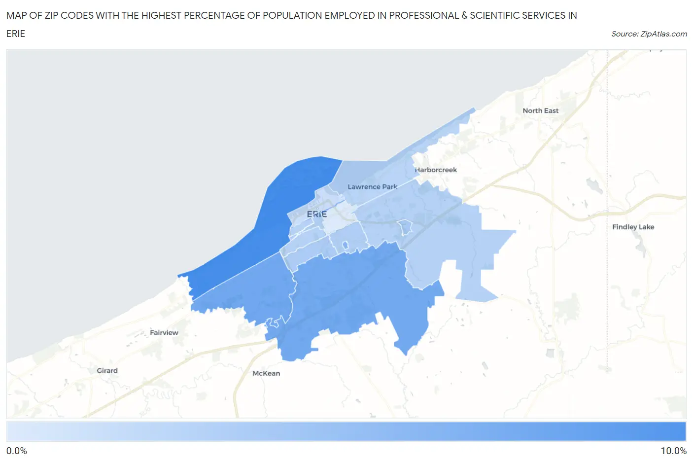 Zip Codes with the Highest Percentage of Population Employed in Professional & Scientific Services in Erie Map