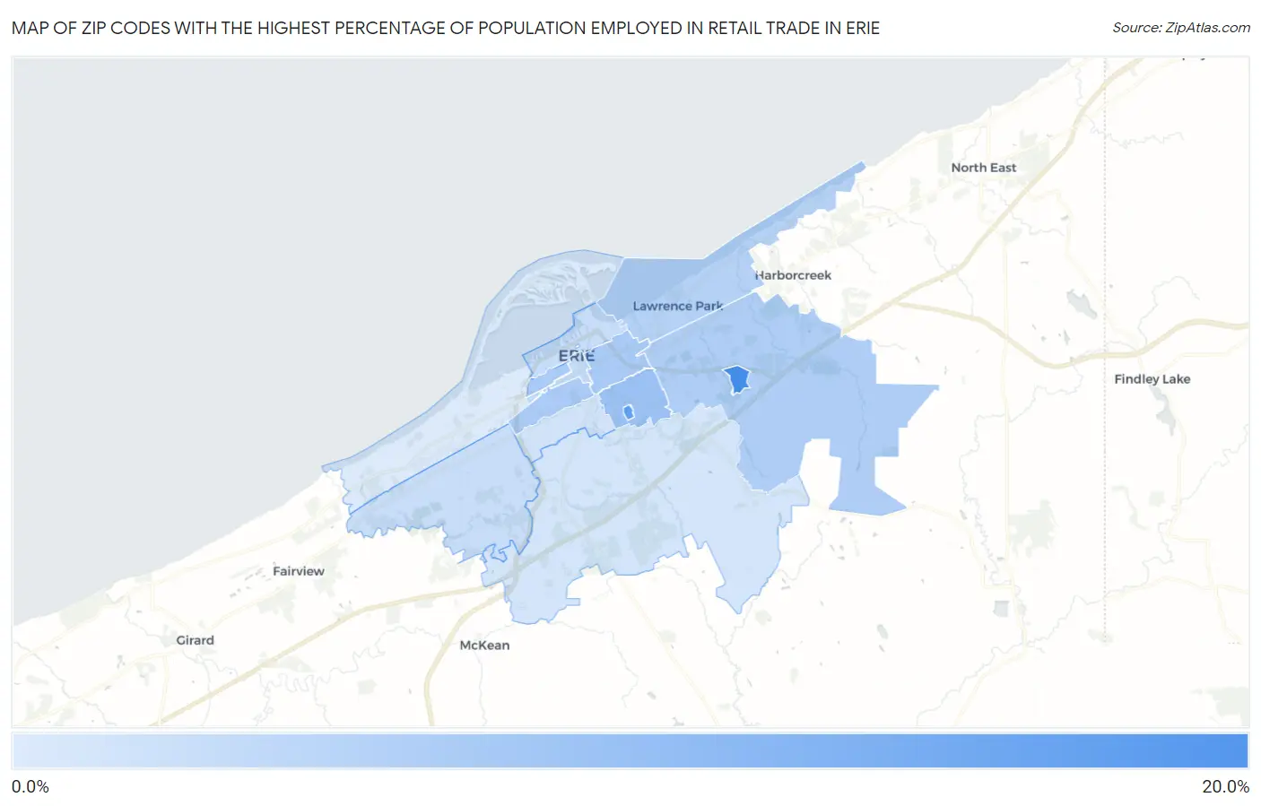 Zip Codes with the Highest Percentage of Population Employed in Retail Trade in Erie Map