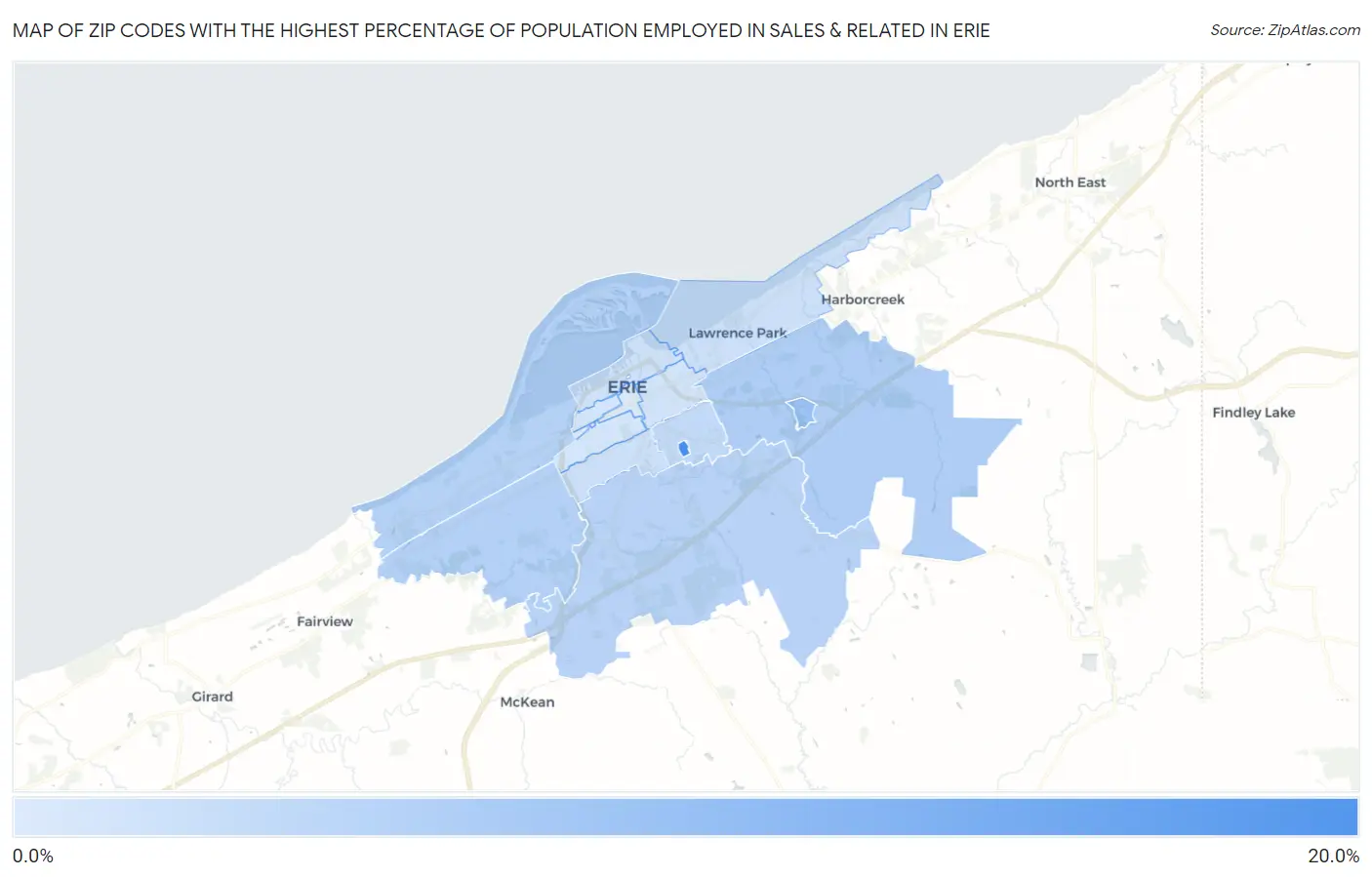 Zip Codes with the Highest Percentage of Population Employed in Sales & Related in Erie Map