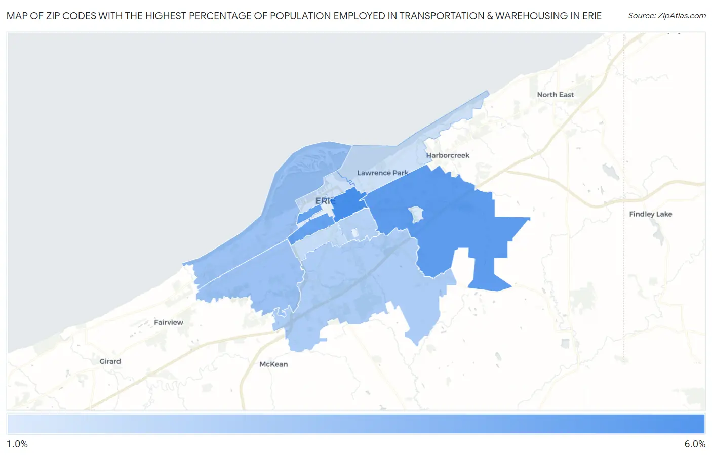 Zip Codes with the Highest Percentage of Population Employed in Transportation & Warehousing in Erie Map