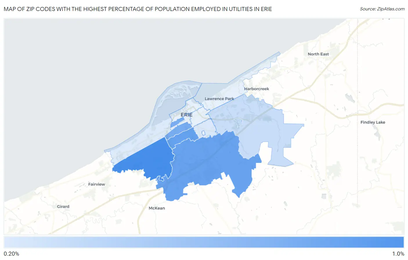 Zip Codes with the Highest Percentage of Population Employed in Utilities in Erie Map