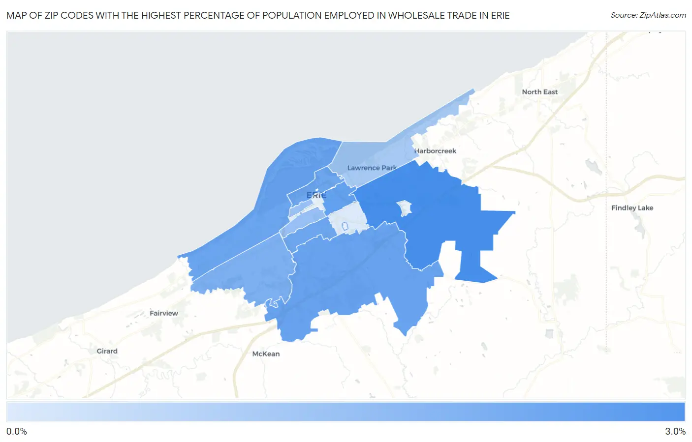 Zip Codes with the Highest Percentage of Population Employed in Wholesale Trade in Erie Map