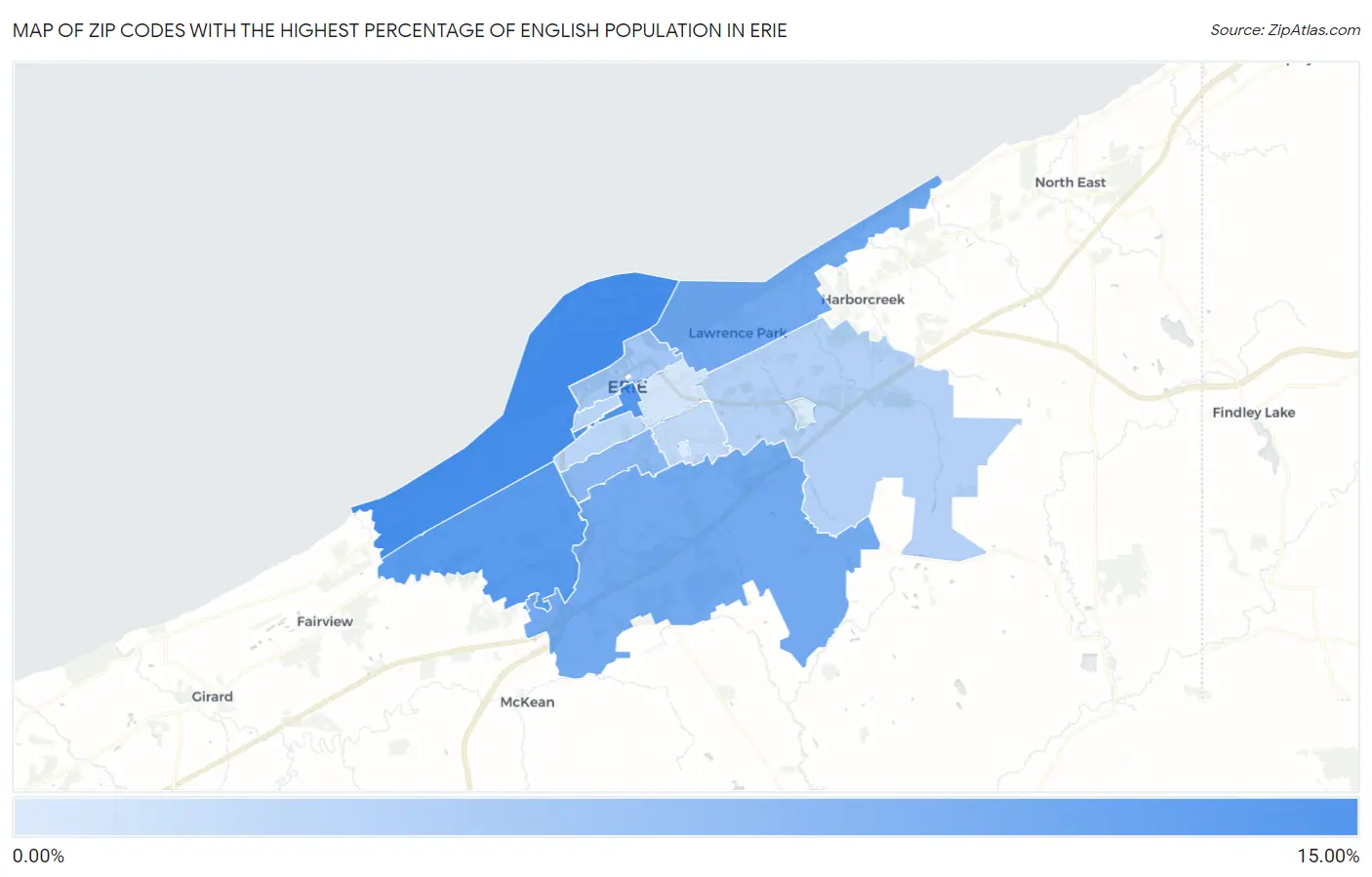 Zip Codes with the Highest Percentage of English Population in Erie Map