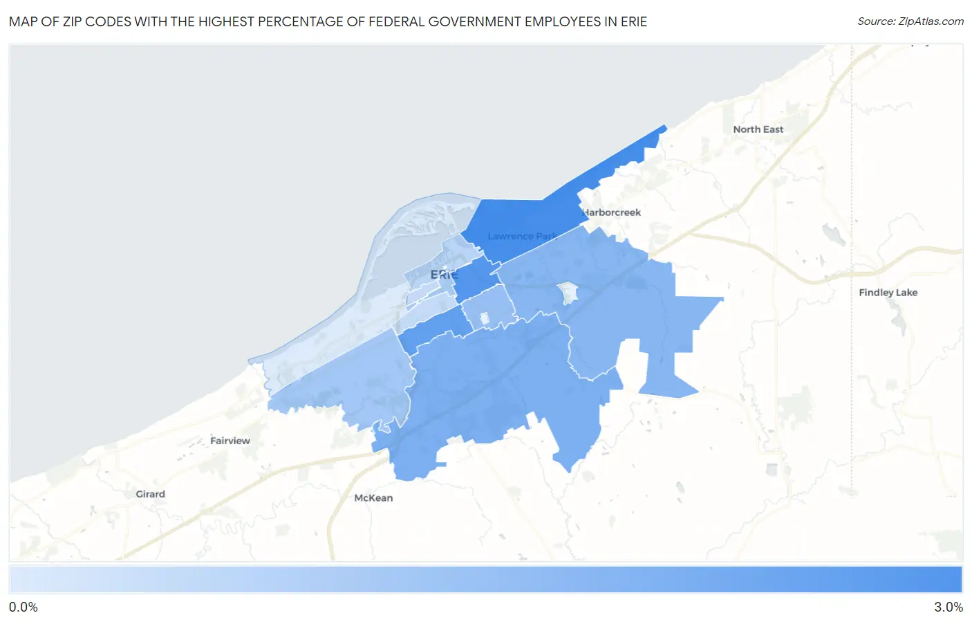 Zip Codes with the Highest Percentage of Federal Government Employees in Erie Map