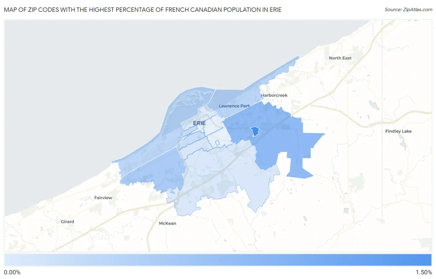 Zip Codes with the Highest Percentage of French Canadian Population in Erie Map