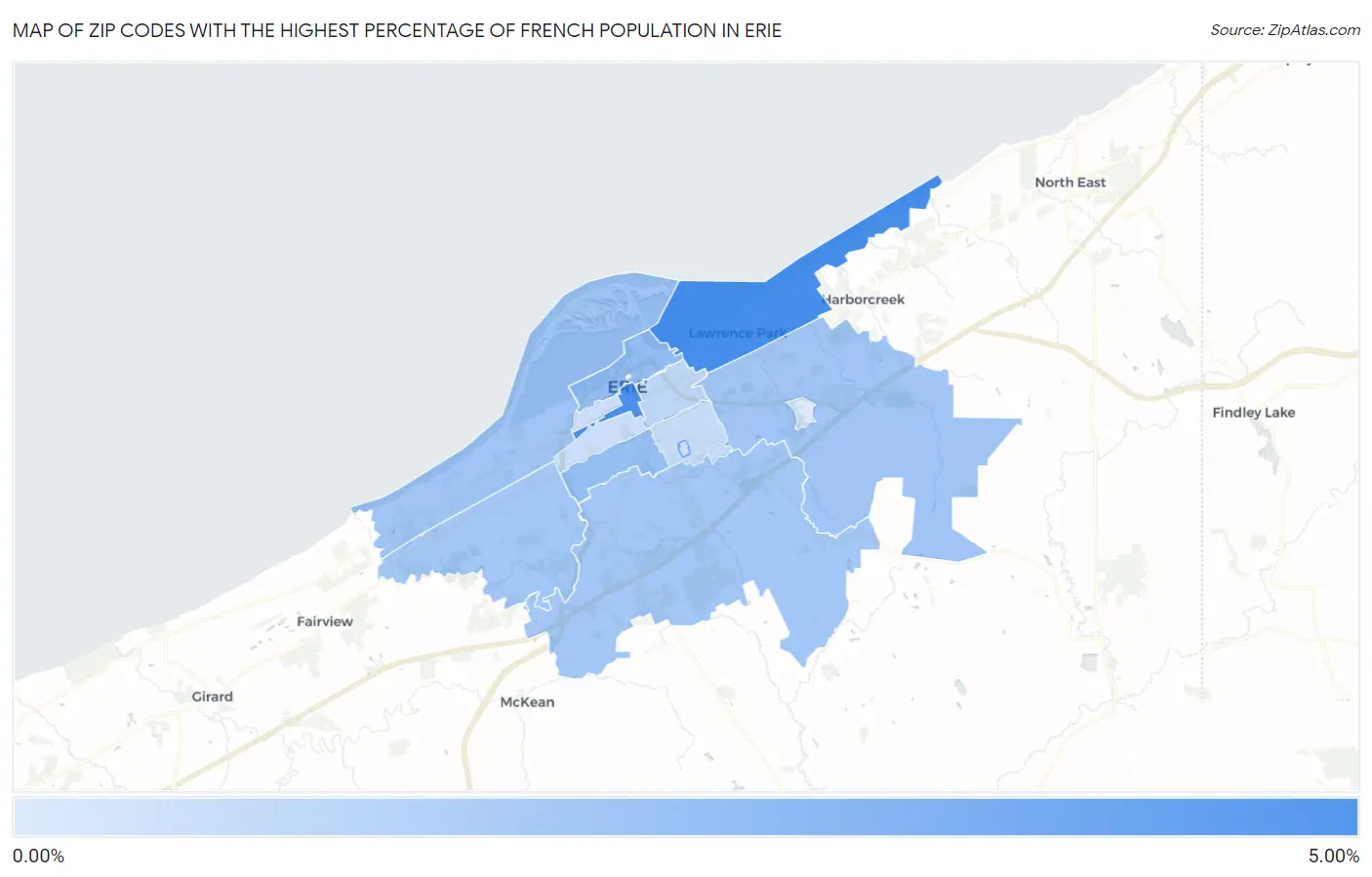 Zip Codes with the Highest Percentage of French Population in Erie Map