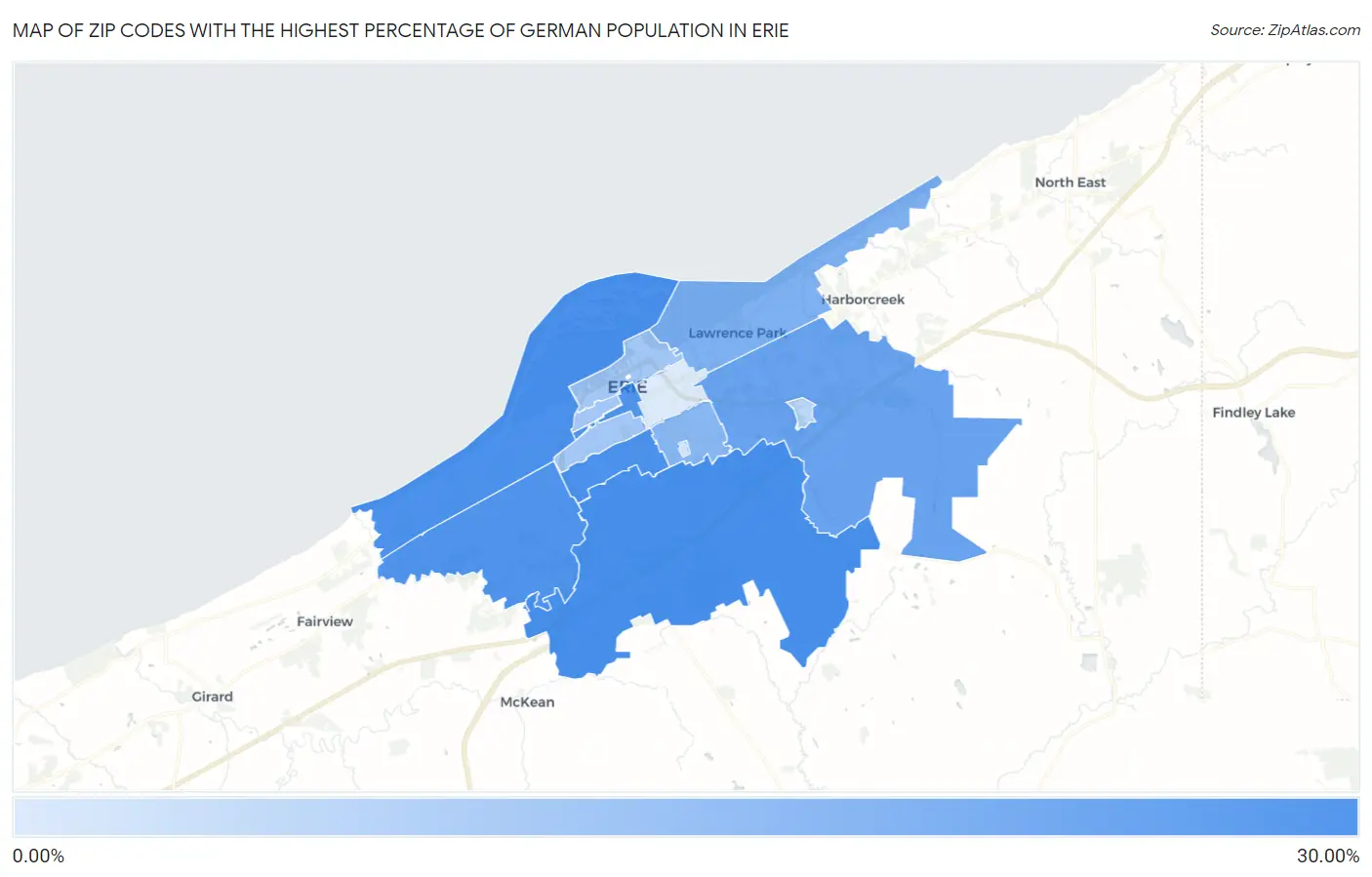 Zip Codes with the Highest Percentage of German Population in Erie Map