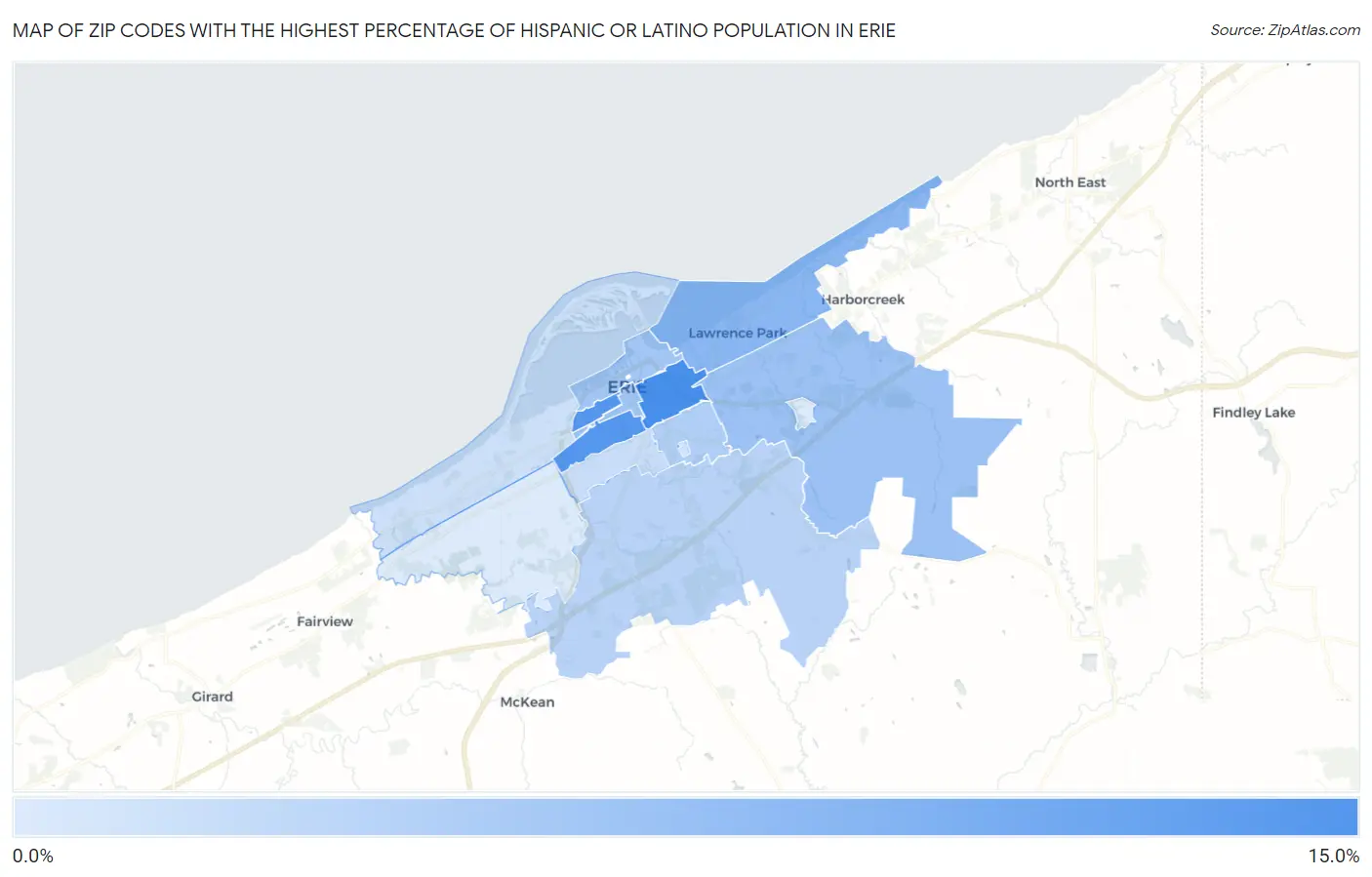 Zip Codes with the Highest Percentage of Hispanic or Latino Population in Erie Map