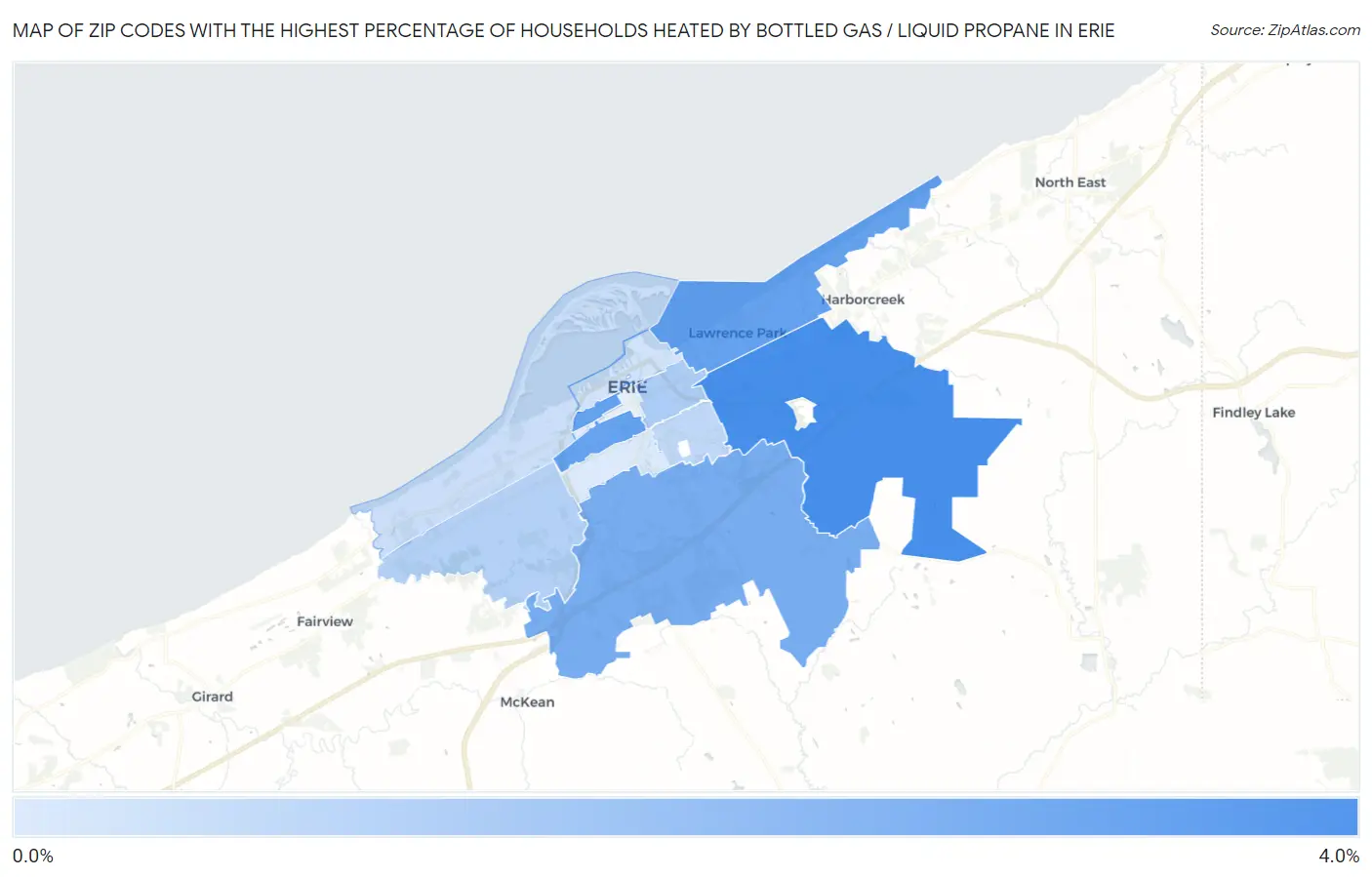 Zip Codes with the Highest Percentage of Households Heated by Bottled Gas / Liquid Propane in Erie Map