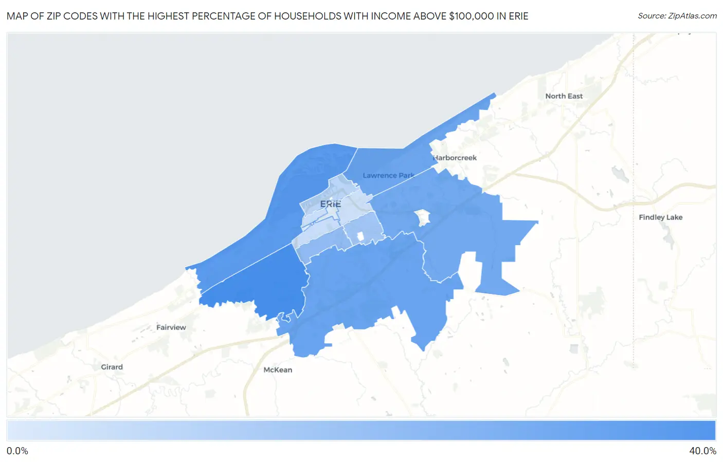 Zip Codes with the Highest Percentage of Households with Income Above $100,000 in Erie Map