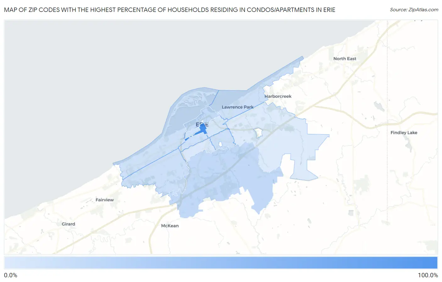 Zip Codes with the Highest Percentage of Households Residing in Condos/Apartments in Erie Map