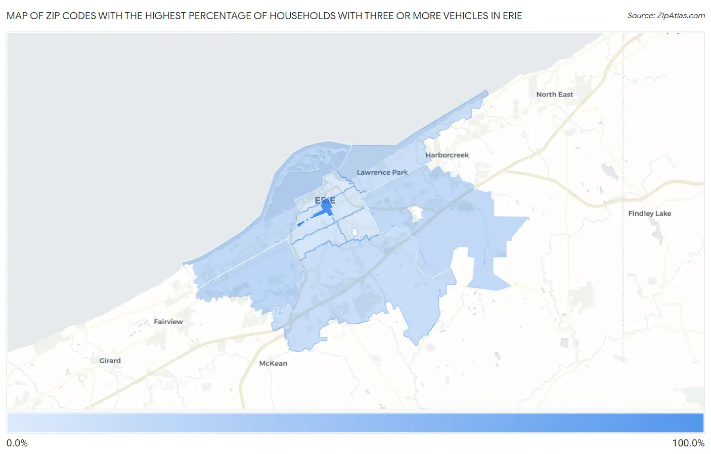 Zip Codes with the Highest Percentage of Households With Three or more Vehicles in Erie Map