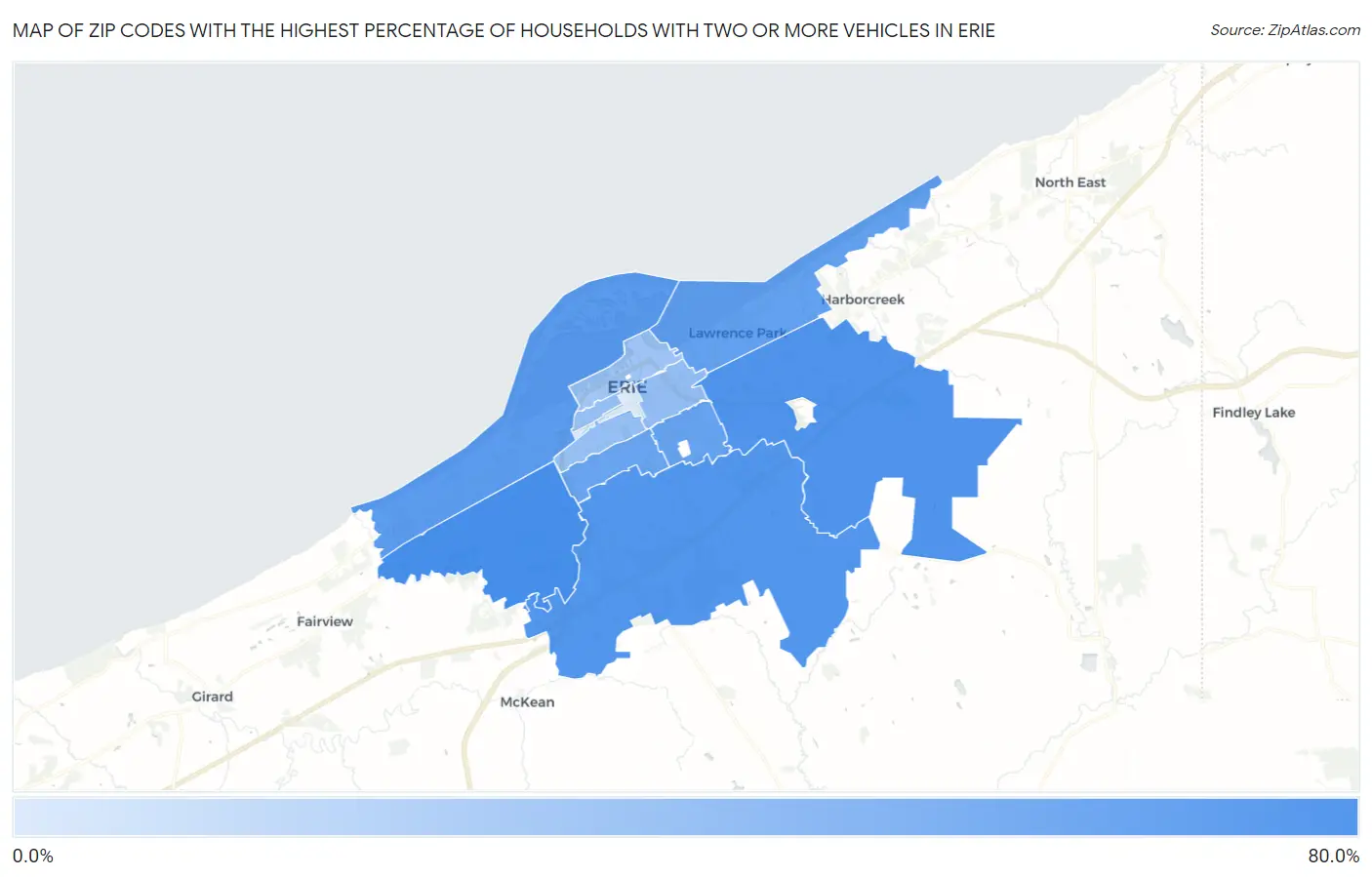 Zip Codes with the Highest Percentage of Households With Two or more Vehicles in Erie Map