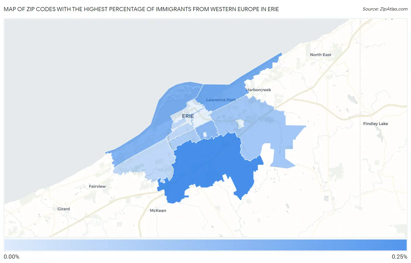 Zip Codes with the Highest Percentage of Immigrants from Western Europe in Erie Map