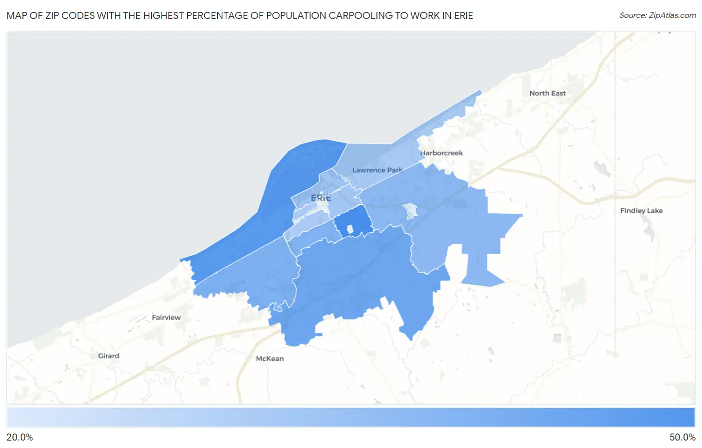 Zip Codes with the Highest Percentage of Population Carpooling to Work in Erie Map
