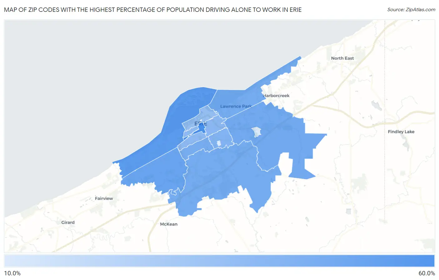 Zip Codes with the Highest Percentage of Population Driving Alone to Work in Erie Map