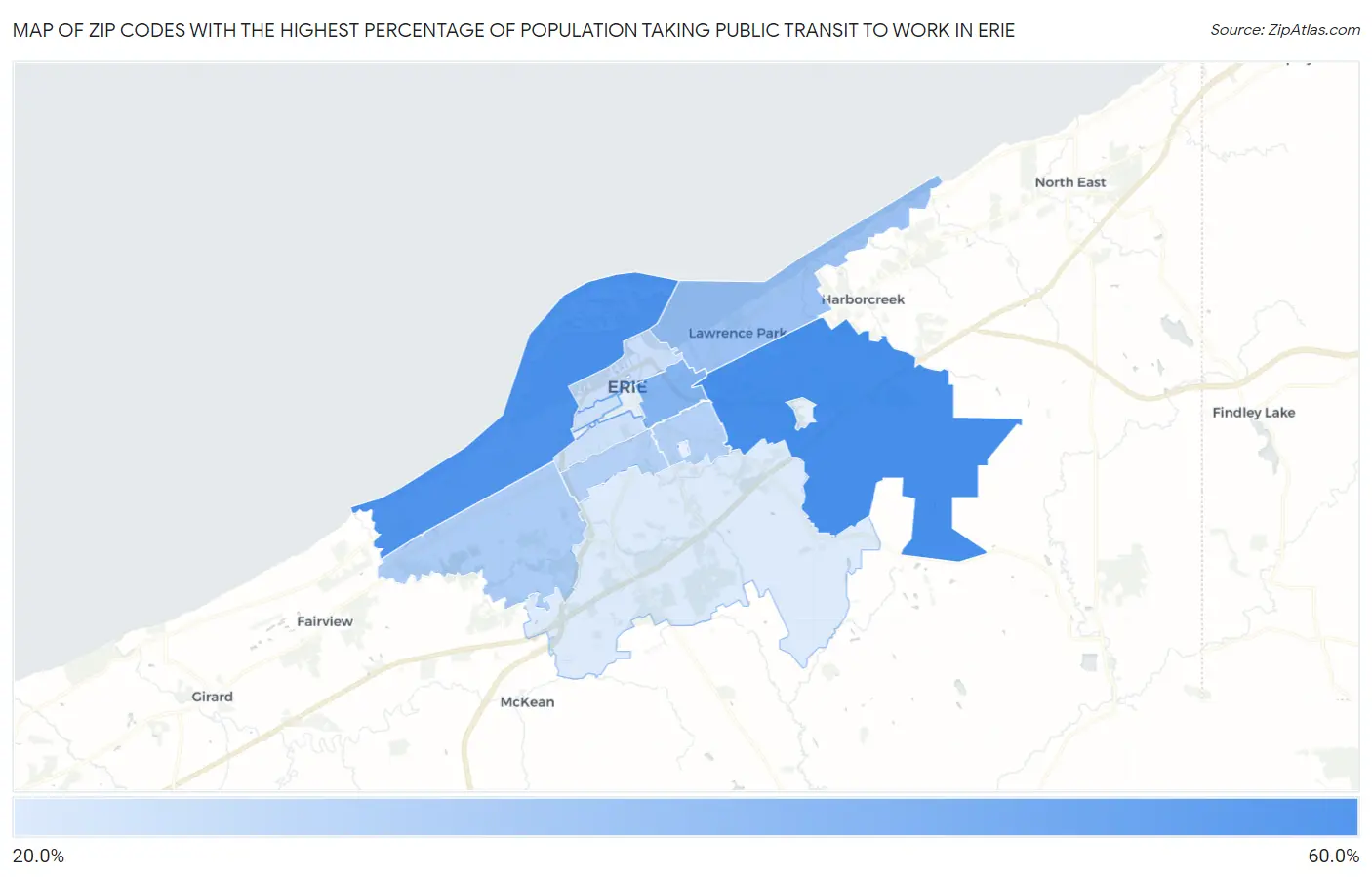 Zip Codes with the Highest Percentage of Population Taking Public Transit to Work in Erie Map