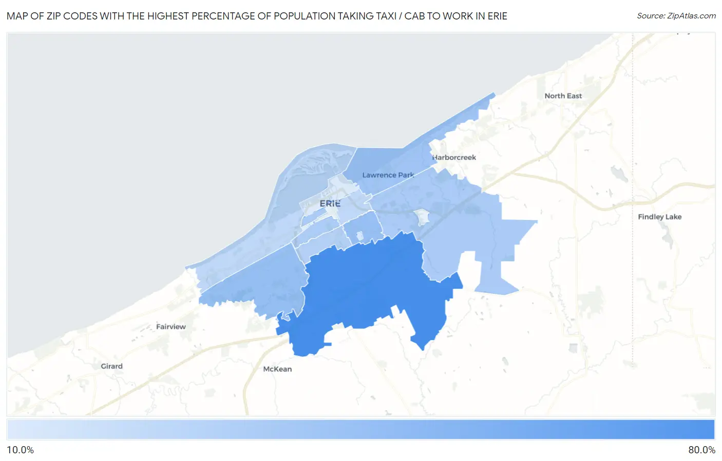 Zip Codes with the Highest Percentage of Population Taking Taxi / Cab to Work in Erie Map