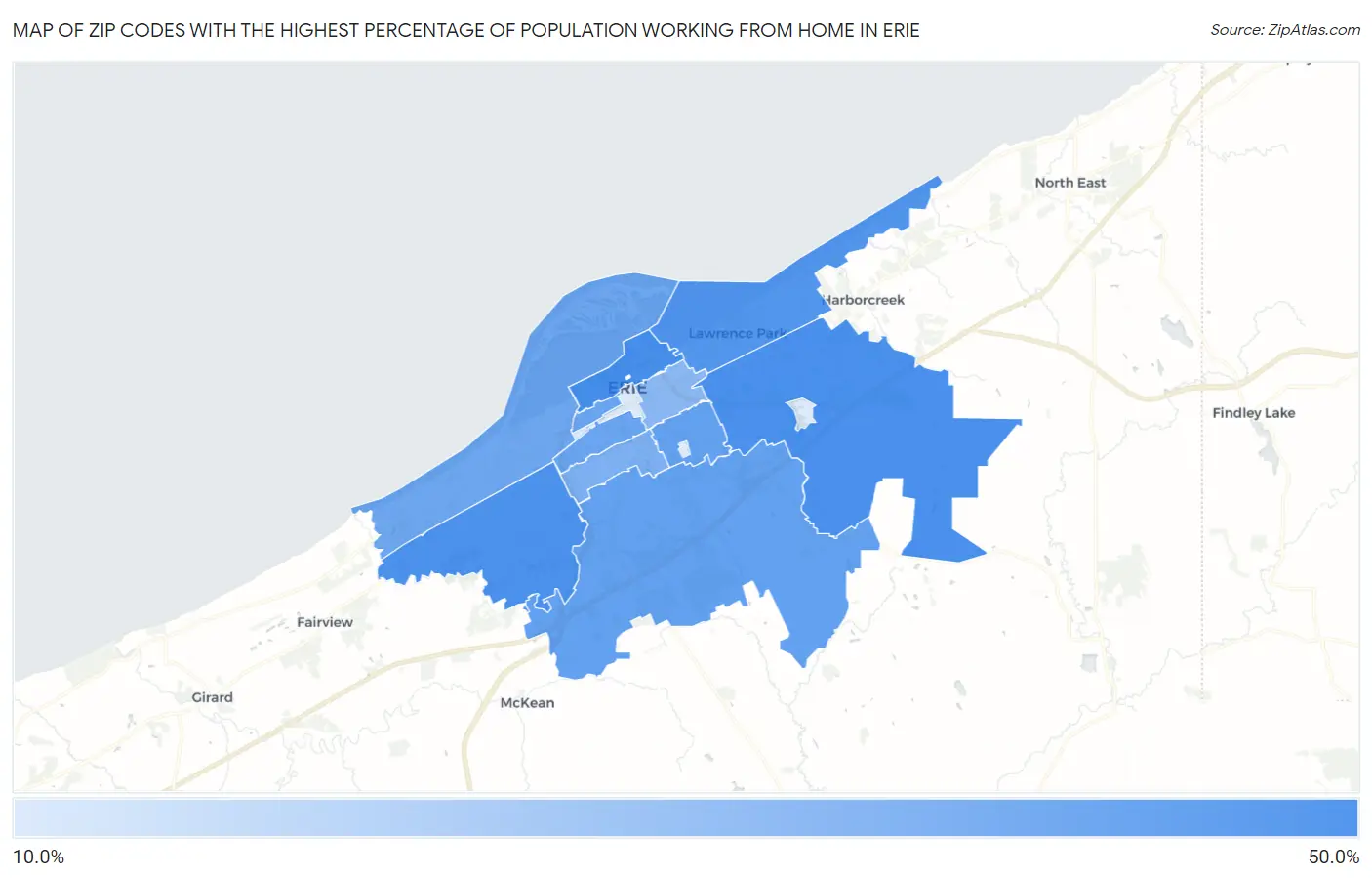 Zip Codes with the Highest Percentage of Population Working from Home in Erie Map