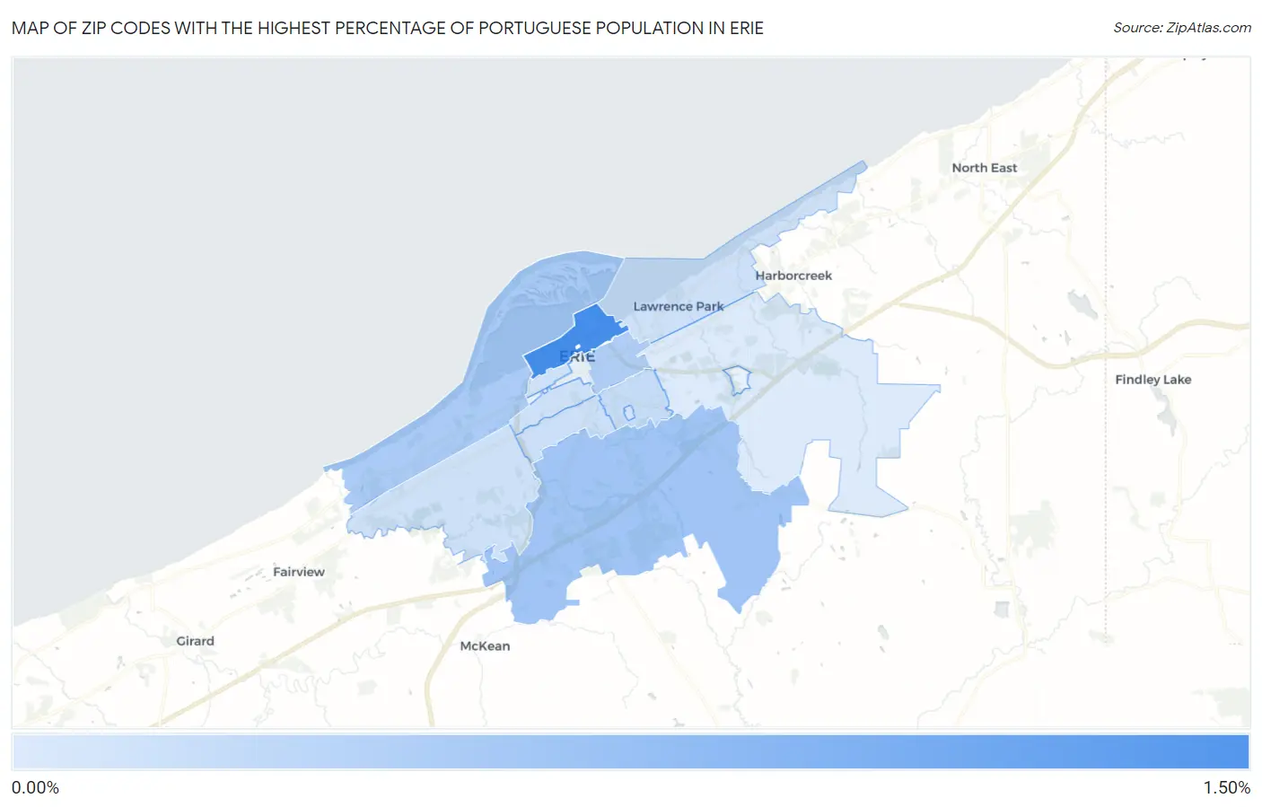 Zip Codes with the Highest Percentage of Portuguese Population in Erie Map