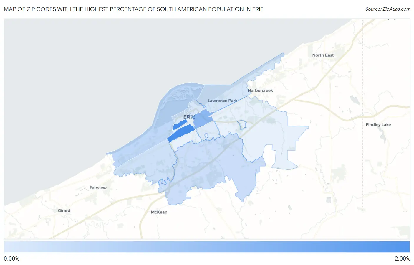 Zip Codes with the Highest Percentage of South American Population in Erie Map