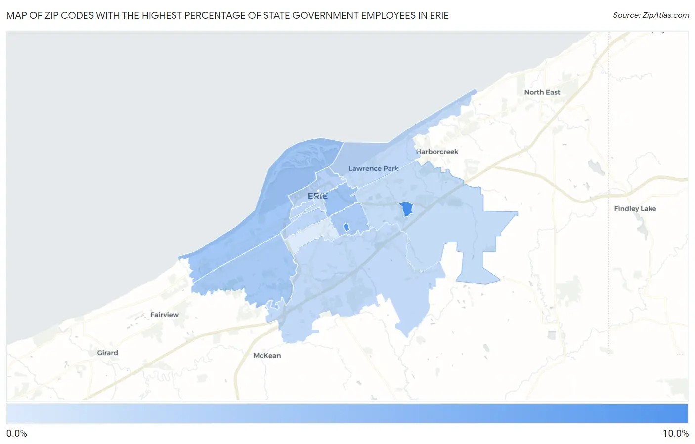Zip Codes with the Highest Percentage of State Government Employees in Erie Map