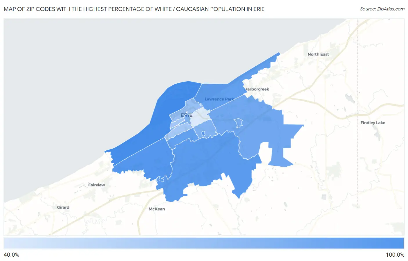 Zip Codes with the Highest Percentage of White / Caucasian Population in Erie Map