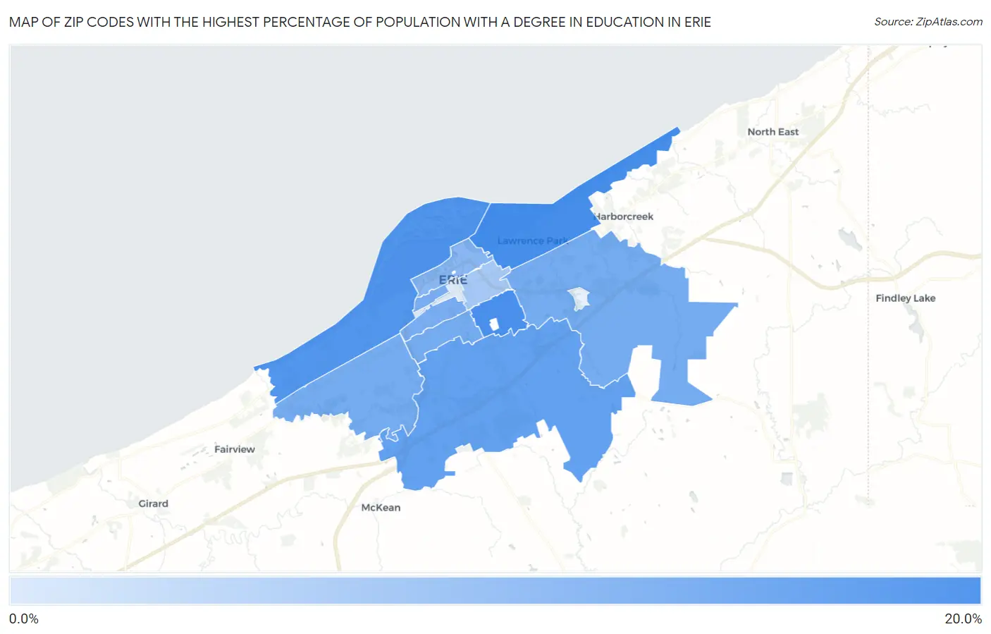 Zip Codes with the Highest Percentage of Population with a Degree in Education in Erie Map