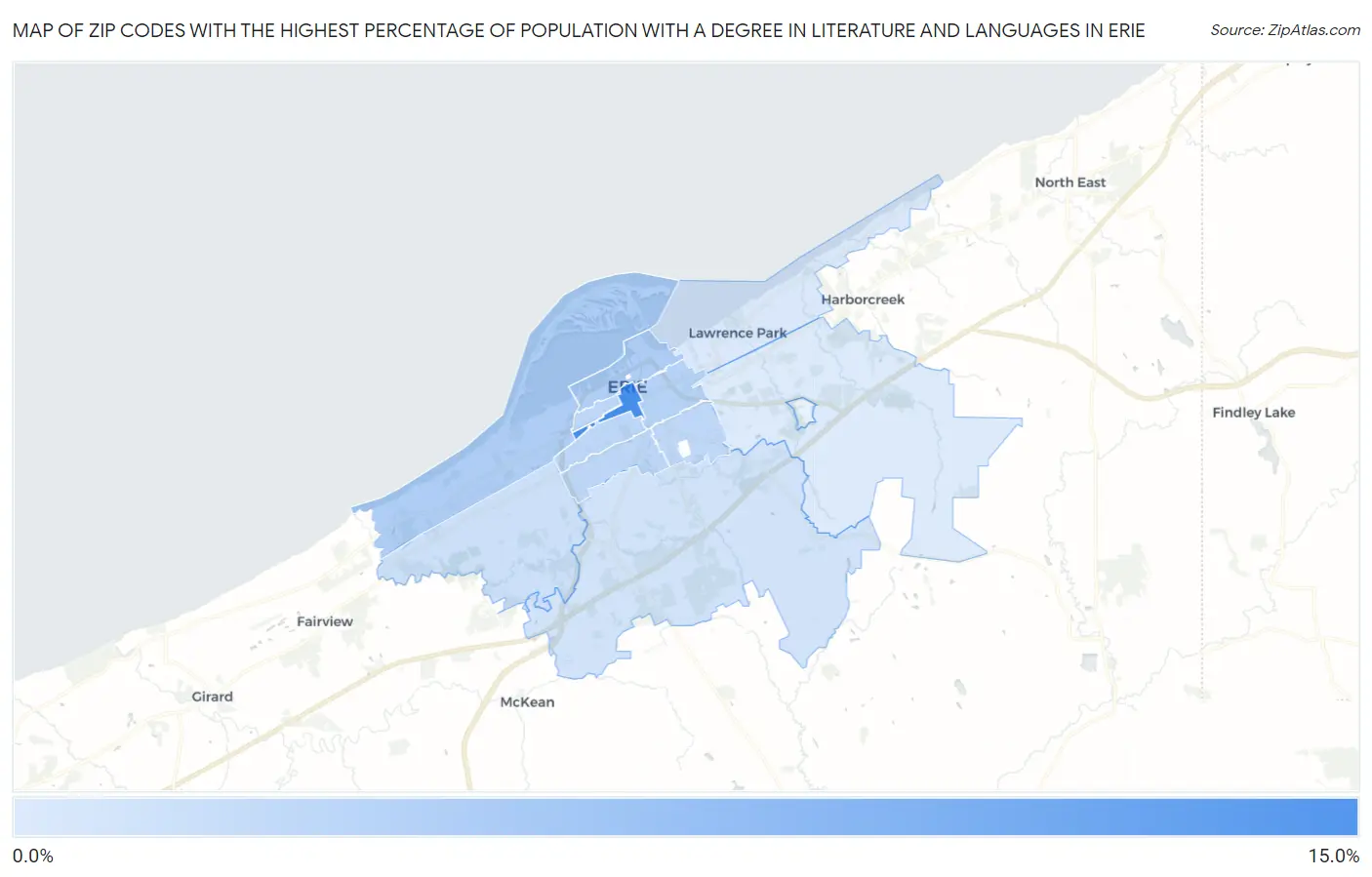 Zip Codes with the Highest Percentage of Population with a Degree in Literature and Languages in Erie Map