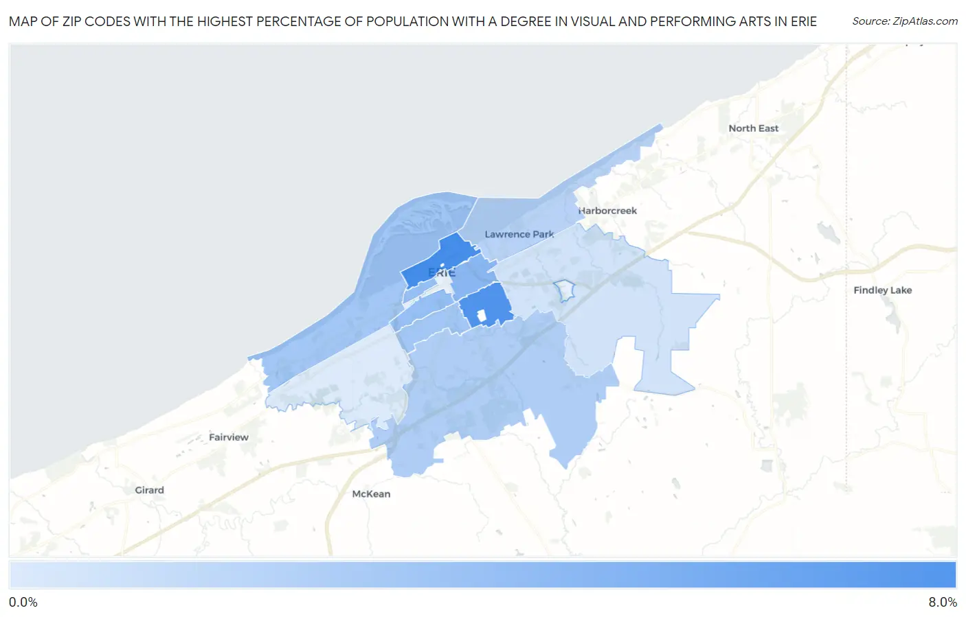Zip Codes with the Highest Percentage of Population with a Degree in Visual and Performing Arts in Erie Map