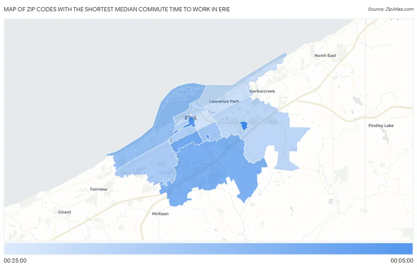 Zip Codes with the Shortest Median Commute Time to Work in Erie Map